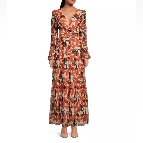 Gianni Bini Lillian Copper Palm Print Dress Womens Tiered Maxi Cut Out NEW $259 - Picture 1 of 14